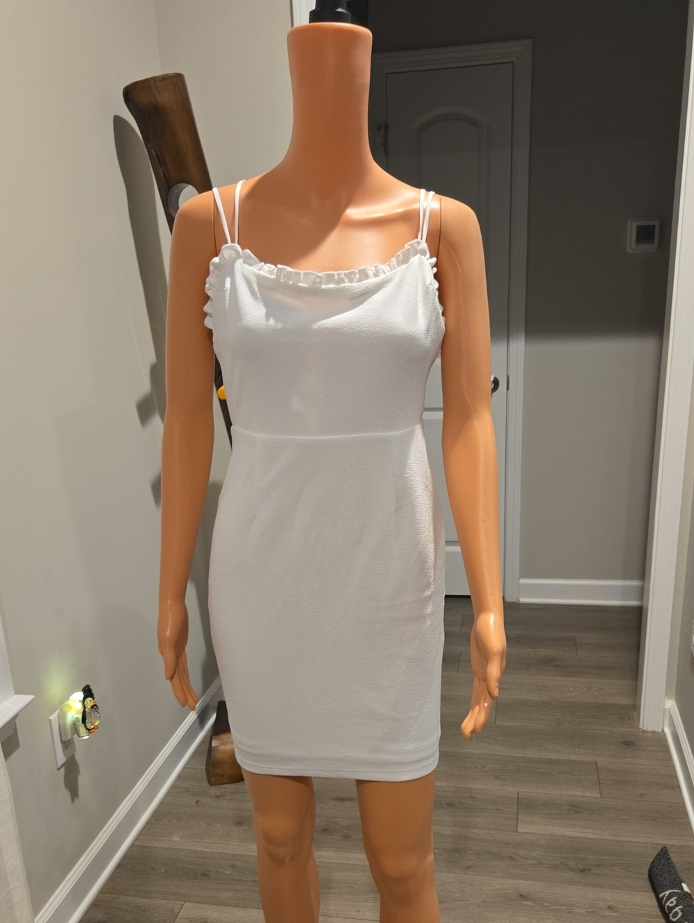 Angel Biba White Ruffle-Trim Spaghetti Strap Mini Dress